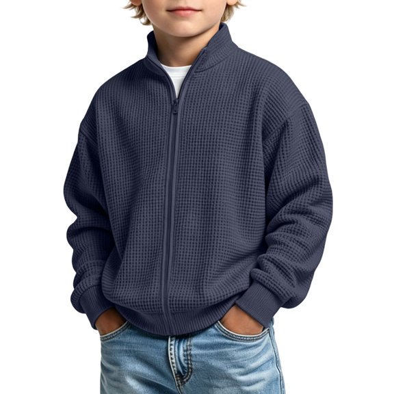 ZBSOKO Boys Jackets Full Zip Stand Collar Long Sleeve Casual Jacket Waffle Knit Solid Color 3-14Years Stylish Outerwear for Fall Winter