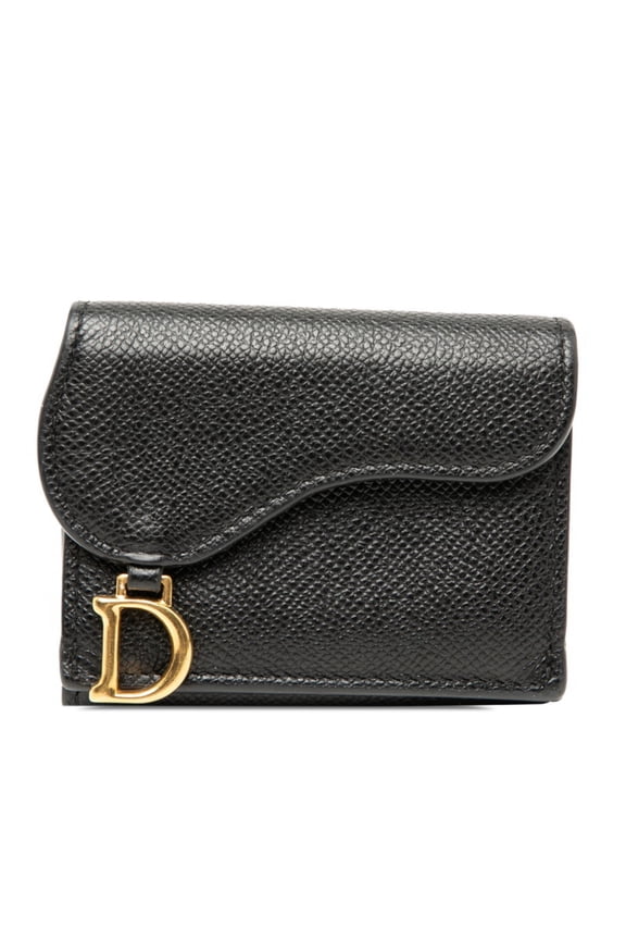 Pre-Owned Christian Dior Dior Saddle Tri-fold Wallet Compact Black Gold Hardware Leather Women's