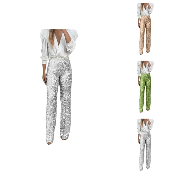 Women's Sequin Elastic Waist Slim Fit Flare Bell Bottom Pants, Sparkly Solid Color Party Fashion Pants