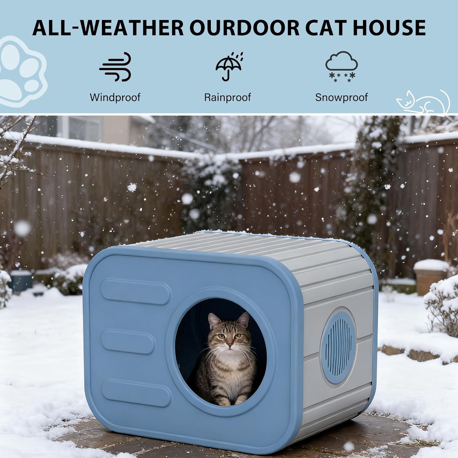 Cat Houses for Outdoor Indoor Cats, Insualted Outdoor Cat House Weatherproof with Camera-Shaped Design, Sturdy Resin Shelter for Patio, Garden Blue