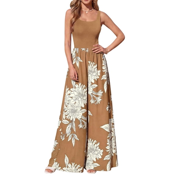 Jumpsuits for Women Summer One-Piece Sleeveless Boho Floral Wide Leg Romper Vacation Outfits Khaki White Flower S