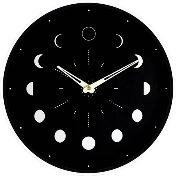 Reloj de pared de madera luminoso con fase lunar, silencioso, sin pilas