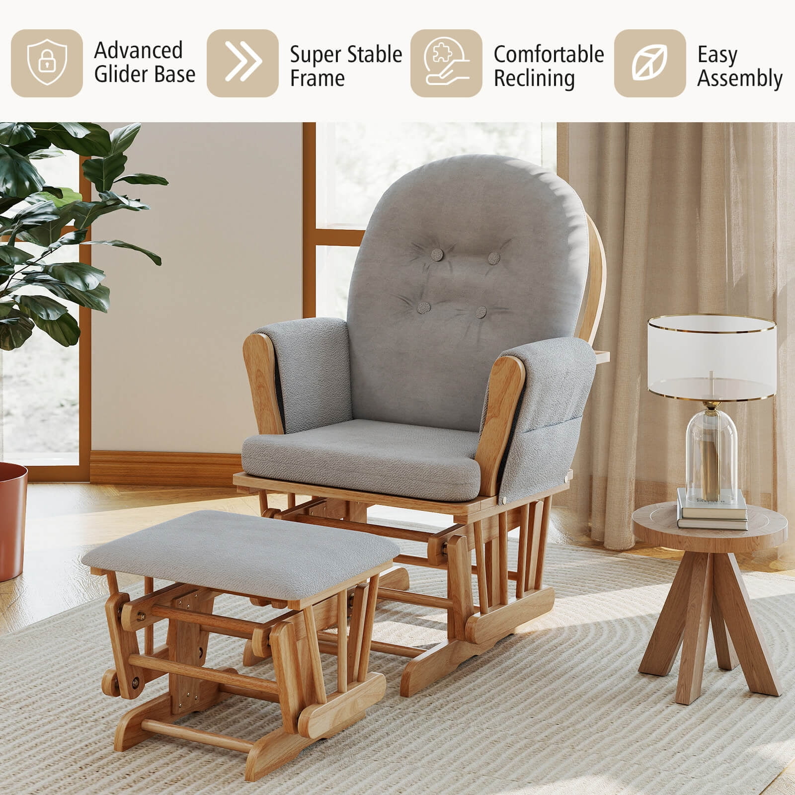 Costway Glider and Ottoman Cushion Set Wood Baby Nursery Rocking Chair Gray