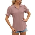 thumbnail image 3 of WXLWZYWL Women'S Solid Colour V-Neck Lapel Bubble Sleeve Cuffs Shrunken Short Sleeve T-Shirt Top, 3 of 4