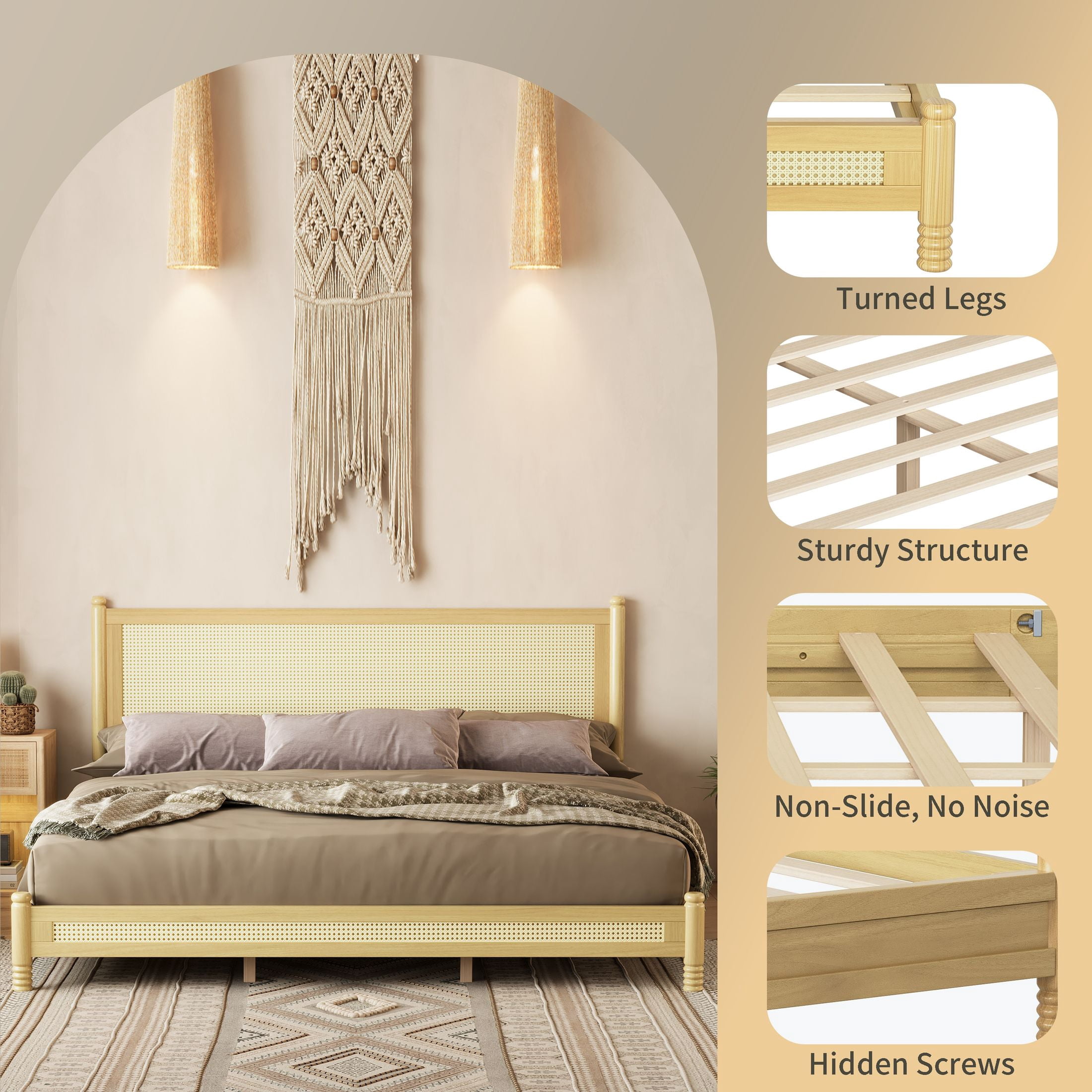 GDF Studio Annes King Size Boho Rattan Platform Bed Frame with Turned Legs, Woven Cane Pine Wood Bed Frame, Natural