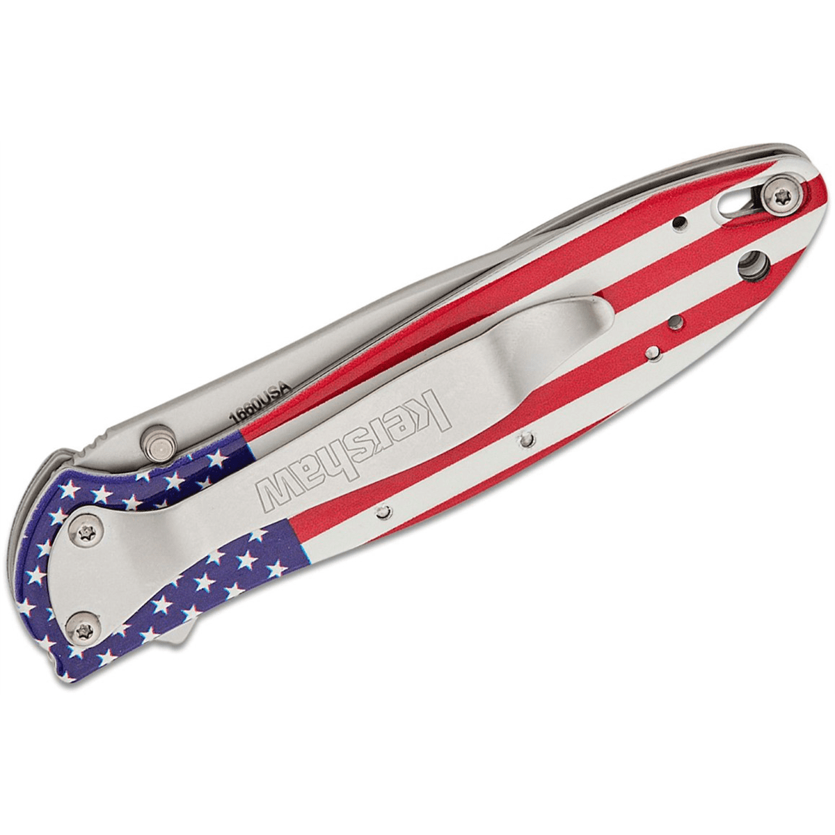 Kershaw Leek Assisted Open Liner Lock Drop Point Blade EDC Folding Pocket Knife - USA Flag/Silver