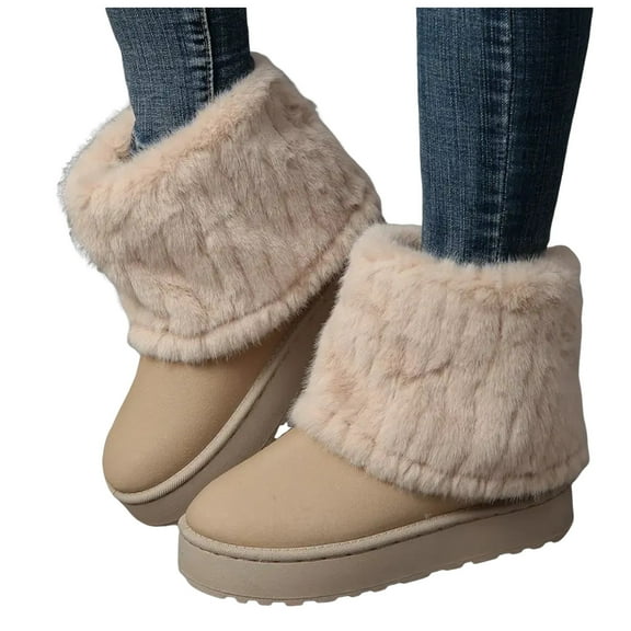 Fuzzy Foldover Mid Calf Snow Boots for Women, Soft Suede Round Toe Platform Flats, Cozy Low Heel Winter Ankle Booties