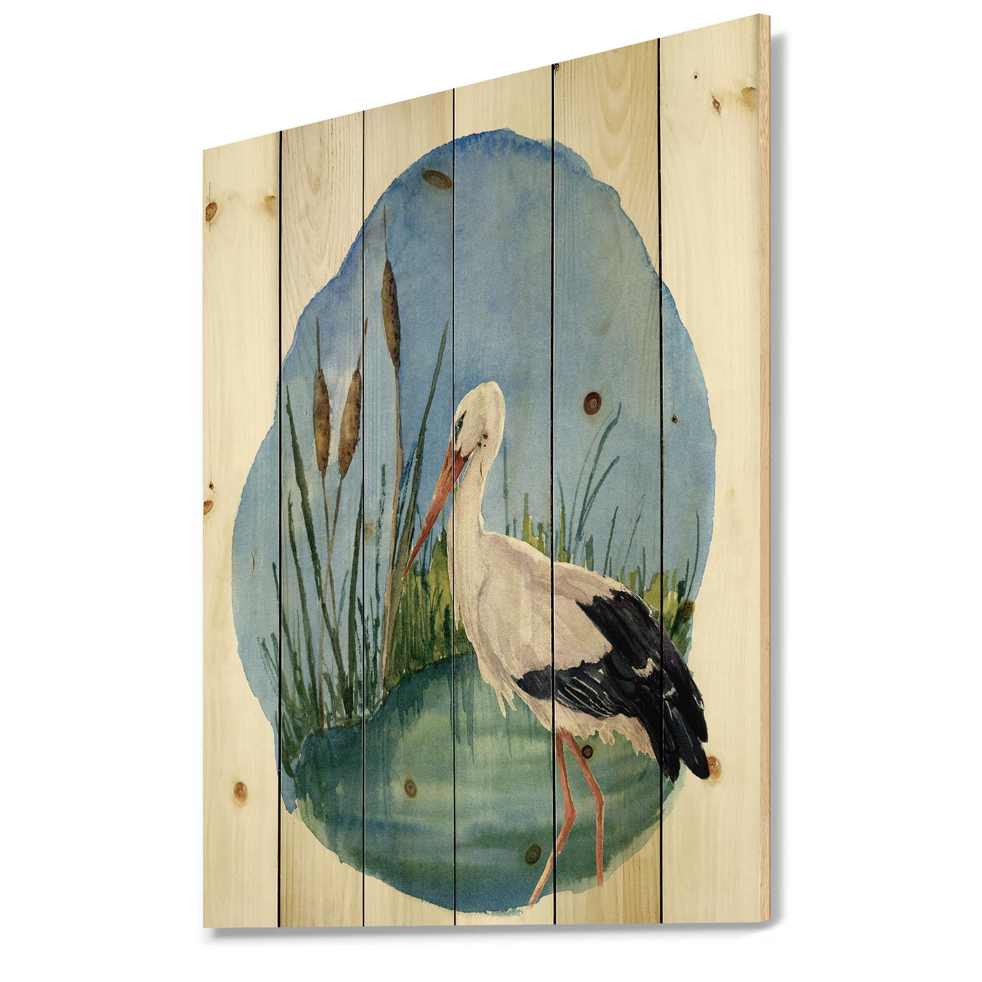 Designart 'White Stork On The Swamp Blue' Traditional Print on Natural Pine Wood