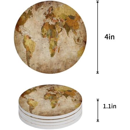 Round Map Coaster POGLIP Retro World Map Set of 4 Round Coaster for Drinks, Absorbent ...