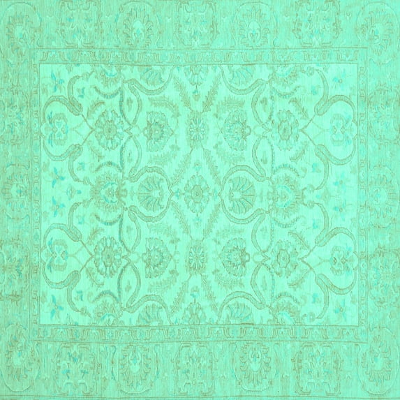 Ahgly Company Machine Washable Indoor Square Oriental Turquoise Blue Traditional Area Rugs, 6' Square