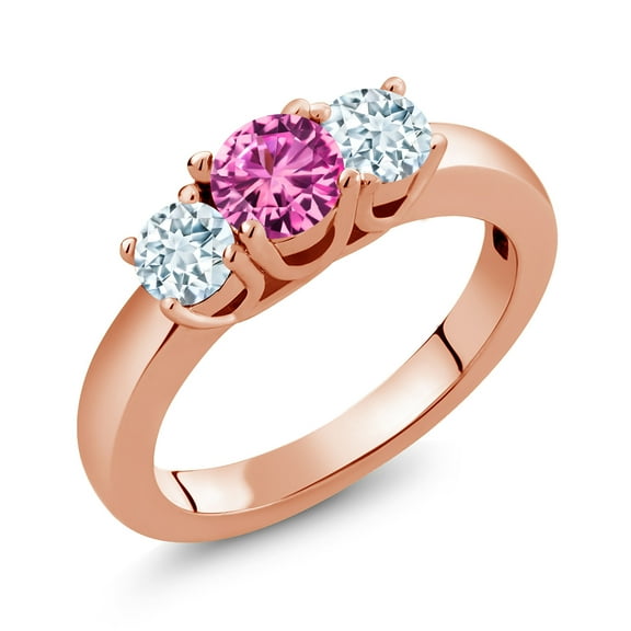 Gem Stone King 1.05 Ct Pink Created Sapphire Sky Blue Aquamarine 18K Rose Gold Plated Silver Classic 3-Stone Ring for Women (Size 8)