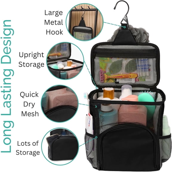 Upgraded Shower Bag, Mesh Shower Storage Basket Portable , Quick Dry, Dormitory, Bathroom Gym Travel Camping Toiletry Bag with S-Hook, Black