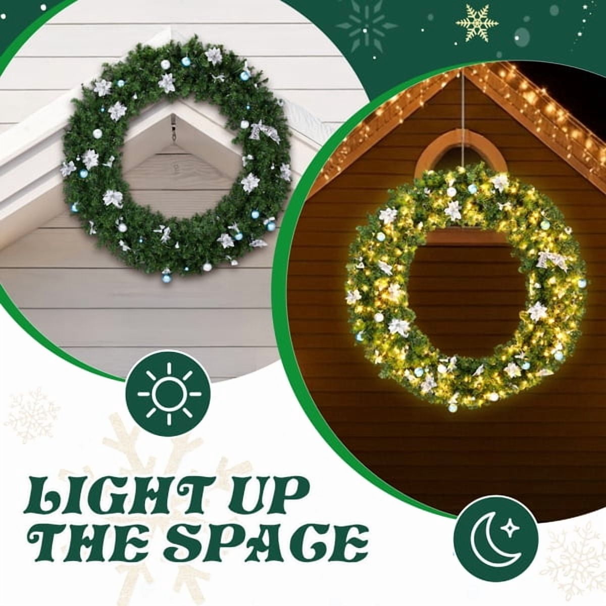 48" Lighted Artificial Christmas Wreath - 450 PVC Fir Branches, 150 Warm/Cold White LEDs (11 Modes) w/Remote, Light Green Decor for Front Door/Mantel