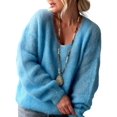 thumbnail image 2 of Women Soft Deep V Neck Drop Shoulder Lantern Long Sleeve Oversized Lazy Fit Solid Knit Sweater Blue S, 2 of 8