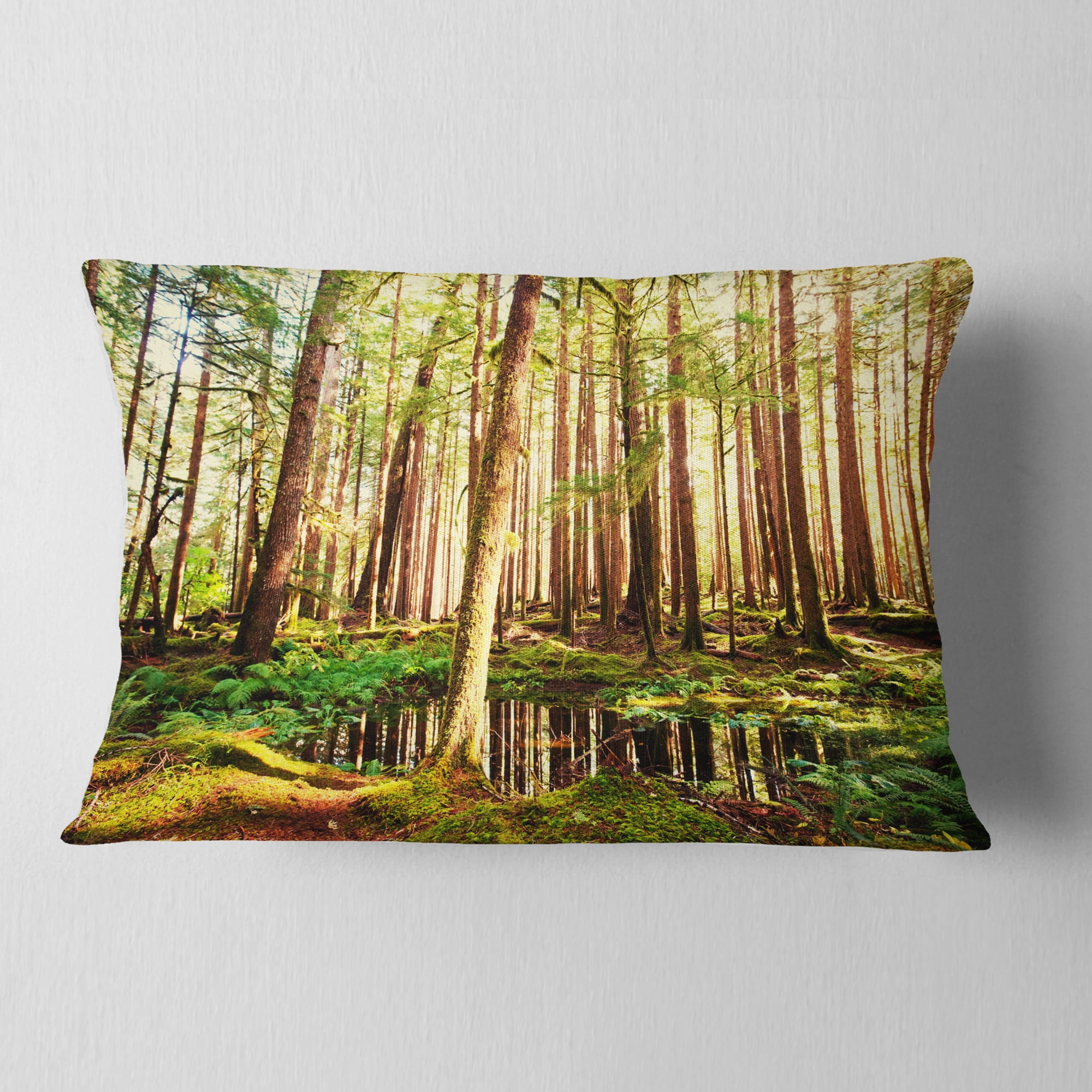 Designart Dense Trees in Green Rain Forest - Landscape Printed Throw Pillow - 12x20