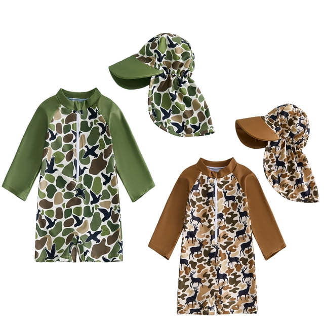 Toddler Baby Boy Rash Guard Swimsuit with Hat 2 Pcs Set Camouflage Half Zip Up Long Sleeve Swimwears