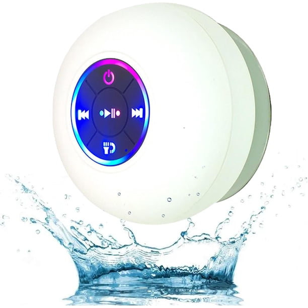 Mini altavoz de ducha Bluetooth con luz LED, portátil, resistente al agua IPX4, inalámbrico con ventosa, resistente al agua, portátil (blanco)