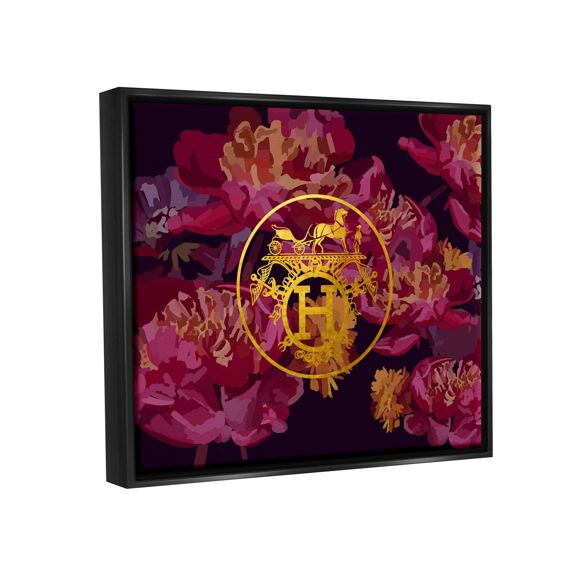 Stupell Industries Glam Emblem Flower Pattern Botanical & Floral Painting Black Floater Framed Canvas Art Print Wall Art, 21 x 17