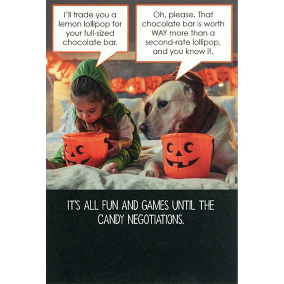Recycled Paper Greetings Candy Negotiations : Girl and Dog with Candy Buckets Funny / Humorous Halloween Card