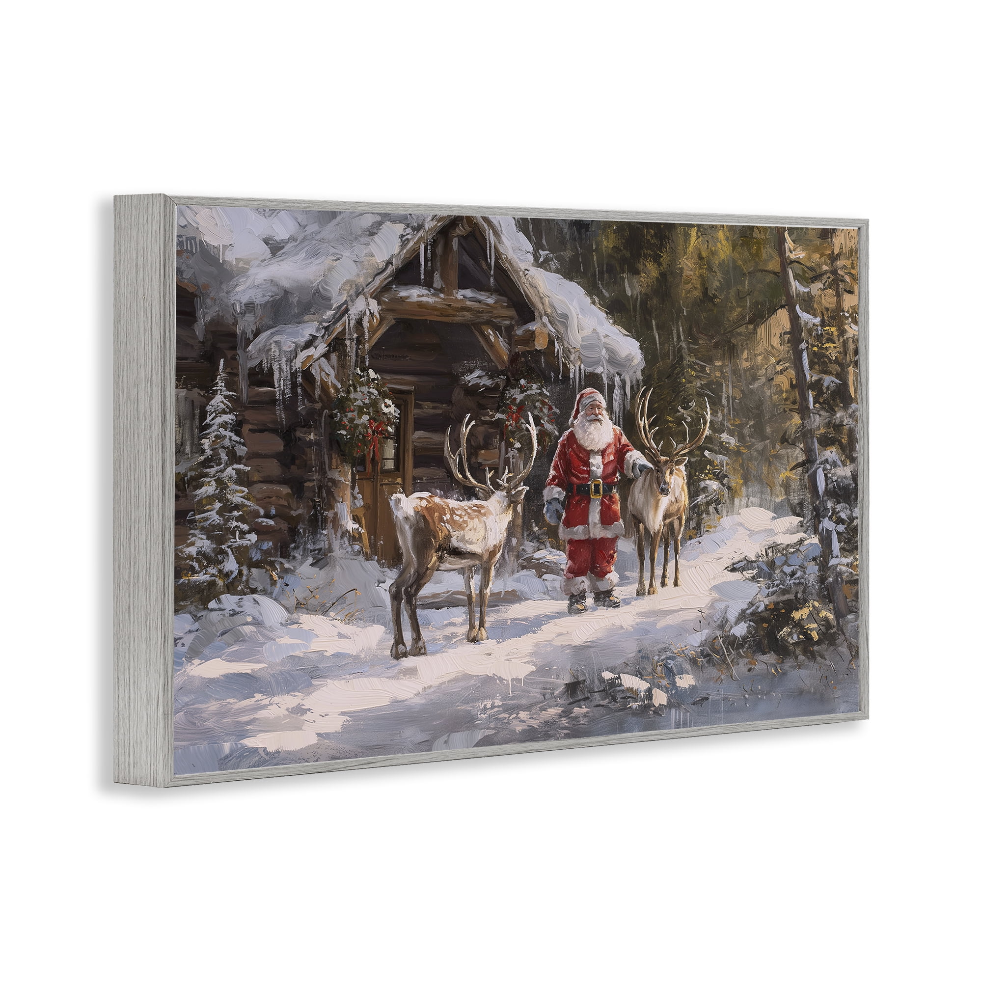 Stupell Industries Traditional Santa by Cabin Holiday Painting Gray Framed Art Prints Wall Art, 24 x 16