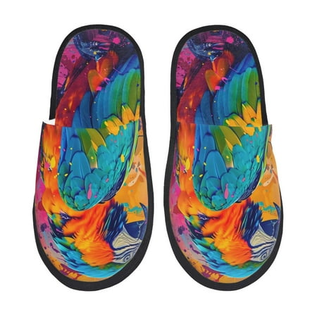 Balery Vibrant Parrot Splash Art Slient Indoor Furry Fleece Comfort House Shoes Soft Non-Slip Home Shoes Cotton slippers House Slippers-- Large