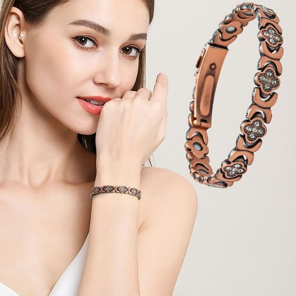 Copper Bracelet for Women, Pure Copper Megneetic Bracelet with Effective Neodymium Magneets, Pulsera de Cobre para Mujer, Lucky Clover Flower Leaf Heart Bracelet