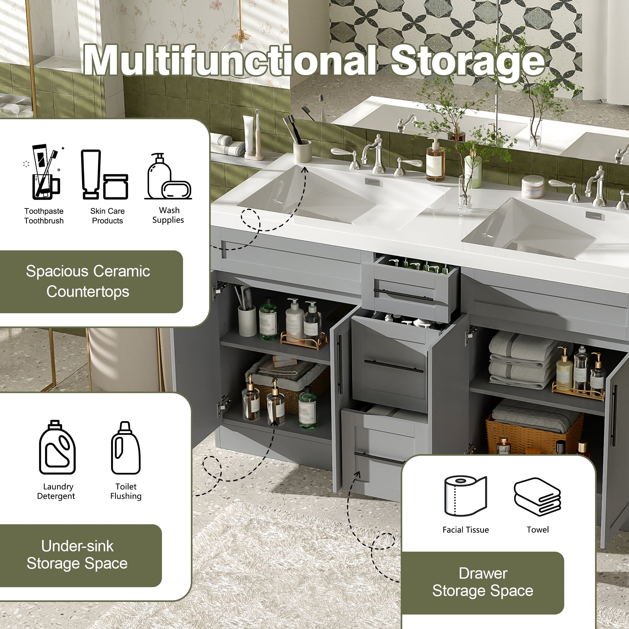 Harper & Bright Designs 59.3'' Large Bathroom Vanity with Double Sink, Free Standing Single Basin Vanity Set with Drawers and Door, Bathroom Sink Storage Cabinet, Gray