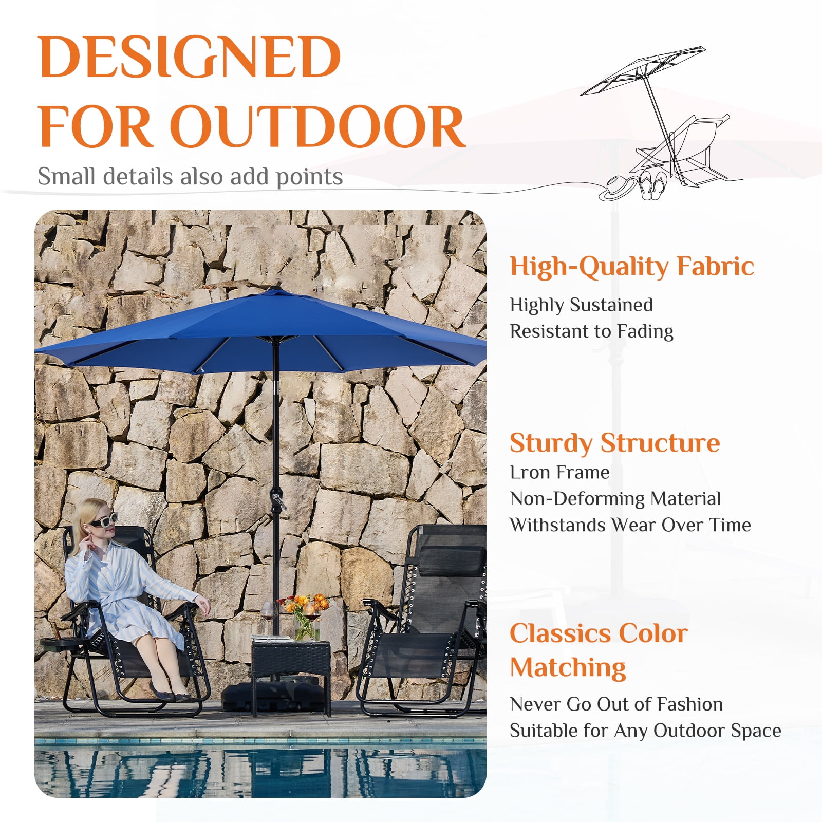 JIOABL Patio Umbrella - 9 ft Outdoor Shade with Crank, 5-Rib Design & UV15+ Fabric for Balcony or Deck, Blue