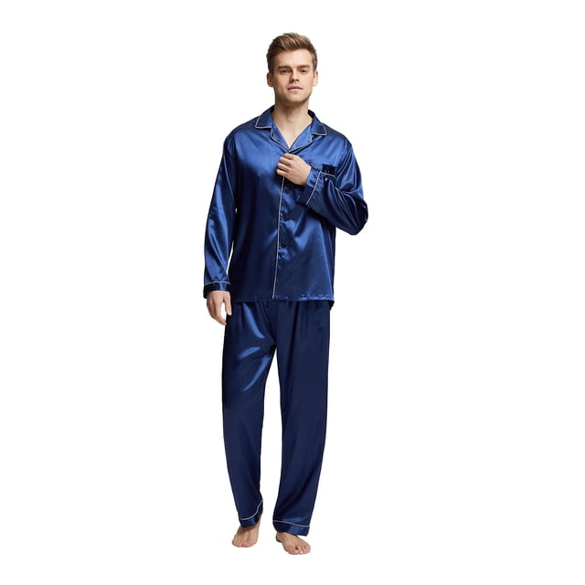 Tony & Candice Conjunto de pijama de satén clásico para hombre (azul mediano con ribetes blancos)