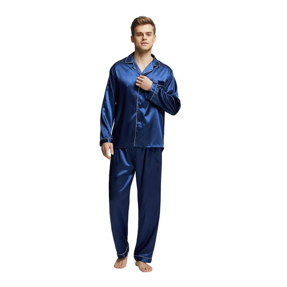 TONY & CANDICE Men's Classic Satin Pajama Set Sleepwear (Large, Blue with White Piping)