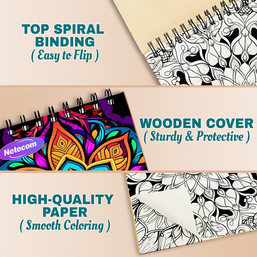 Netecom Relaxing Mandala Patterns Coloring Book Spiral Bound For Adults, A5 Wooden Cover, 30 Beautiful Coloring Pages of Floral Mandalas for Stress Relief and Relaxation
