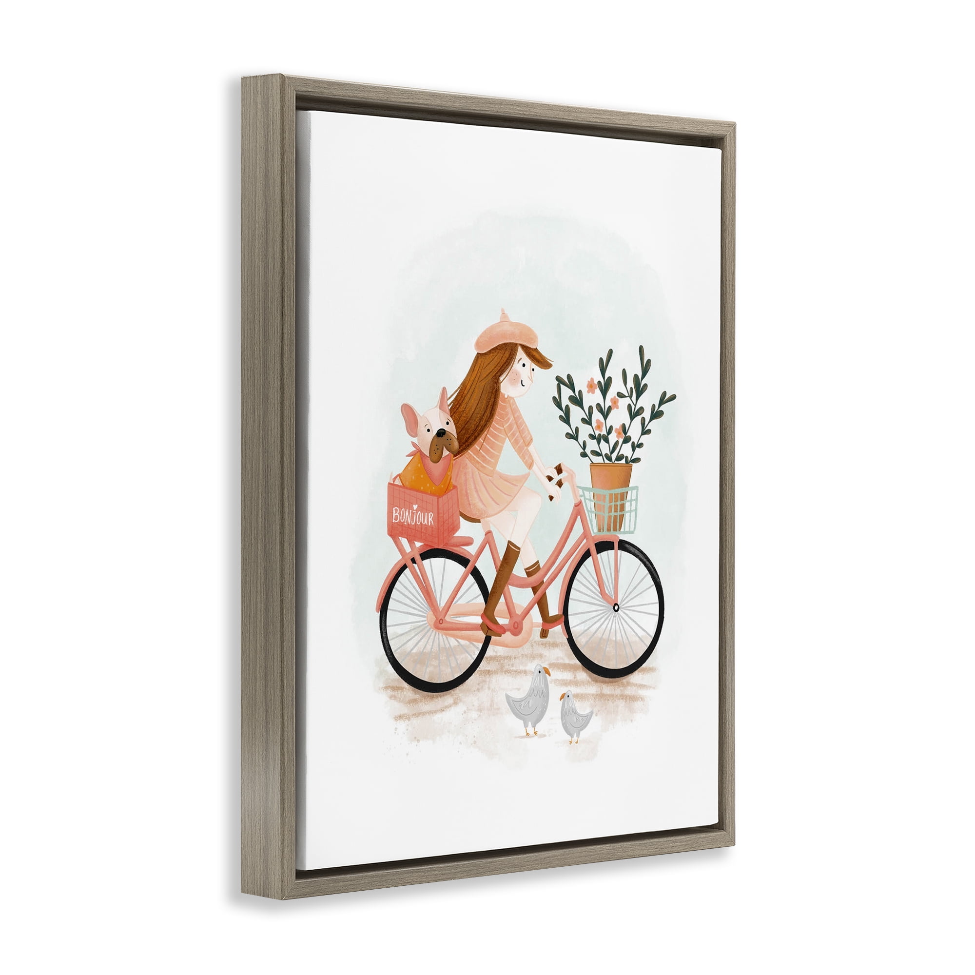 Stupell Industries Paris Girl on Bike Novelty Painting Brown Floater Framed Art Print Wall Art, 25 x 31