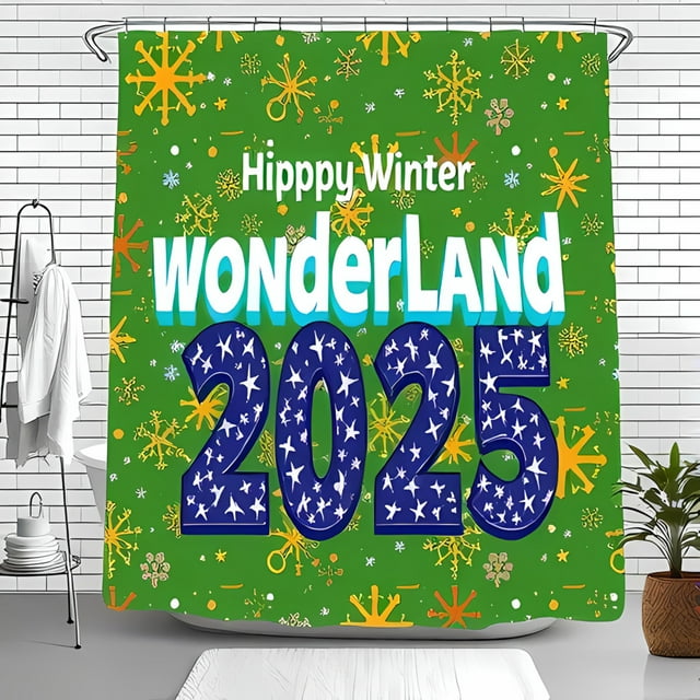 Vibrant Green Shower Curtain with '2025' Numerals & Stars - Hippy Design Festive Bathroom Decor