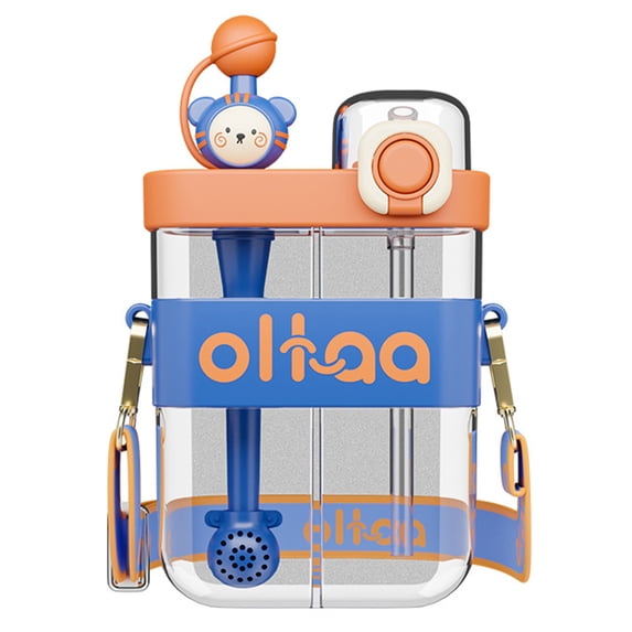 Biplut Water Bottle Easy to Carry Large Capacity Cartoon Design Clear Dust-proof Drinkware Plastic Compartment Design Straw Bottle for Outdoor(Blue B)