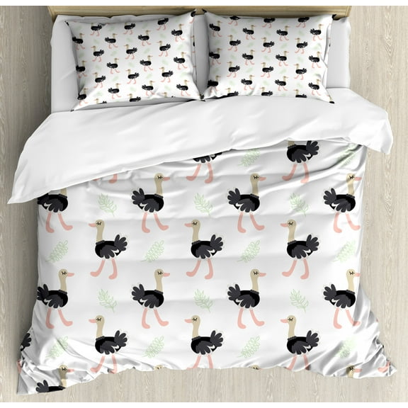 Ostrich Duvet Cover Set Queen Size, Baby Camel Bird with Leaves Botanical Branches Hipster Illustration, Decorative 3 Piece Bedding Set with 2 Pillow Shams, Pale Green Black Pink, by Ambesonne