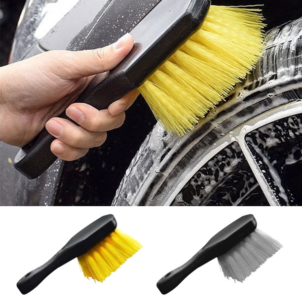 Cepillo para limpiar ruedas y neumáticos de coche - Cerdas de nylon duro y blando para llantas de acero, grietas, desengrasado - Asa amarilla - 8,8 pulgadas