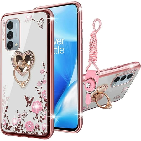 Case for OnePlus Nord N200 5G, nancheng Phone Case for Nord N200 with Stand Lanyard for Women Cute Heart Butterfly Floral Slim TPU Protective Cover (Rose Butterfly)