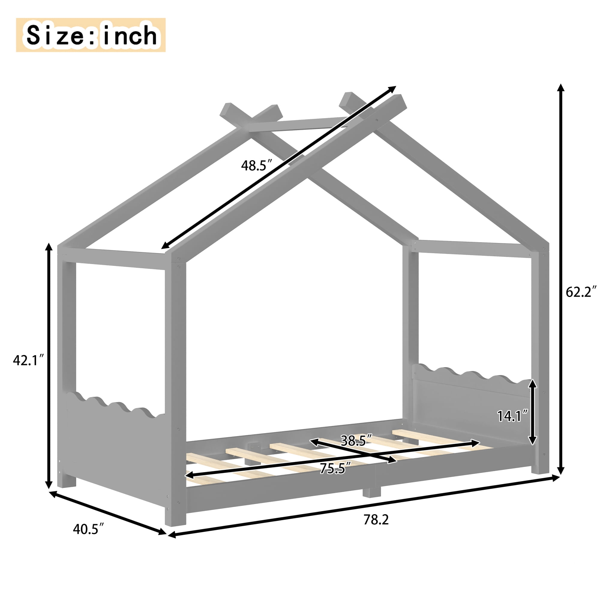 Leumius Twin Size House Shape Bed,Montessori House Bed Solid Wood Floor Bed for Kids,No Box Spring Needed,Gray
