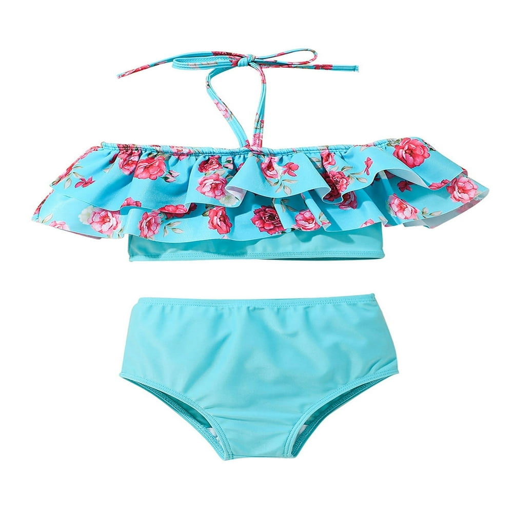 POINTERTECK Toddler Kids Girls Floral Print Bathing Suits Ruffle Flounce Two Piece Swimsuits Blue 5-6 Years