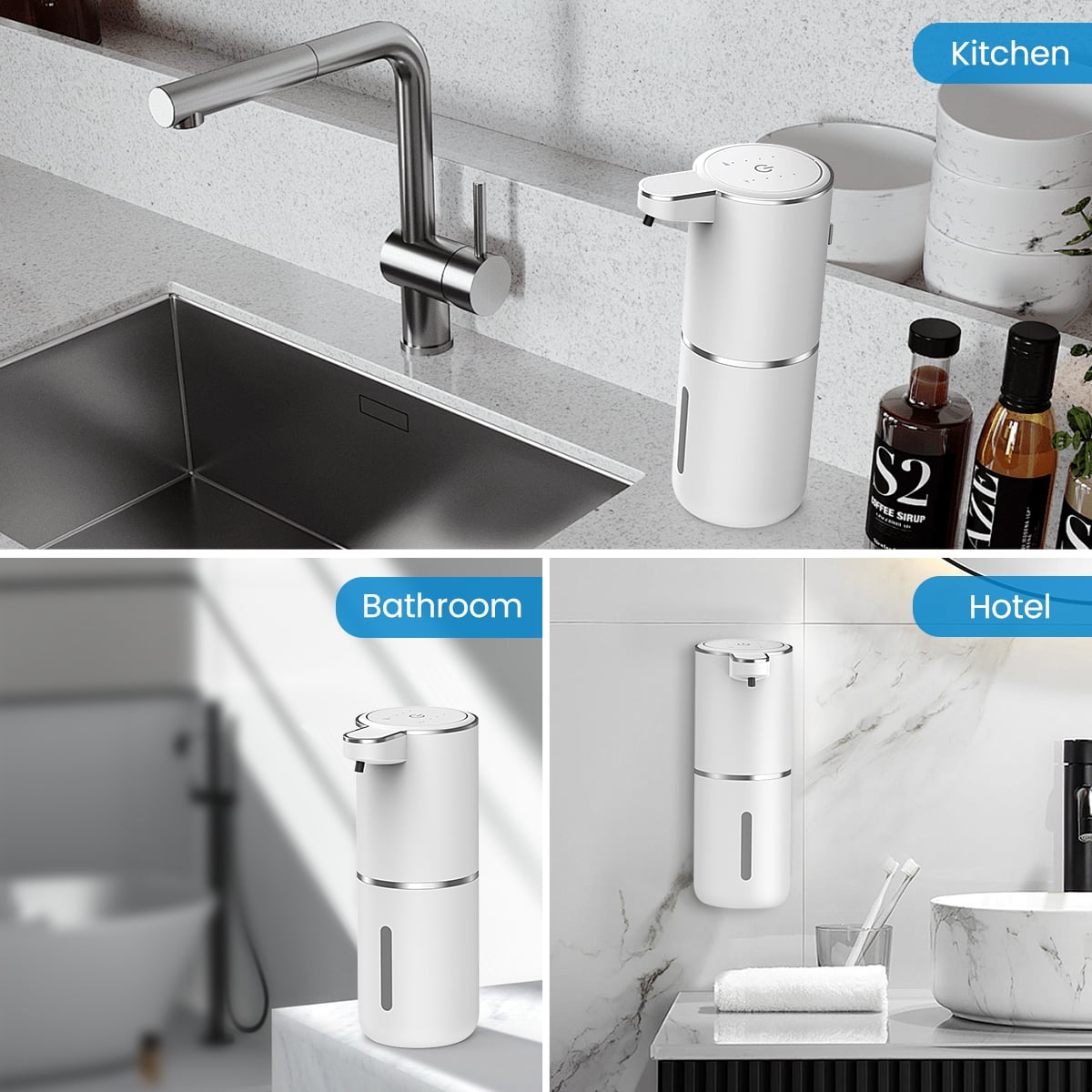 FEELSO Automatic Soap Dispenser, Touchless Foaming USB-C Rechargeable, 4-Level Adjustable, Wall Mount or Countertop, White