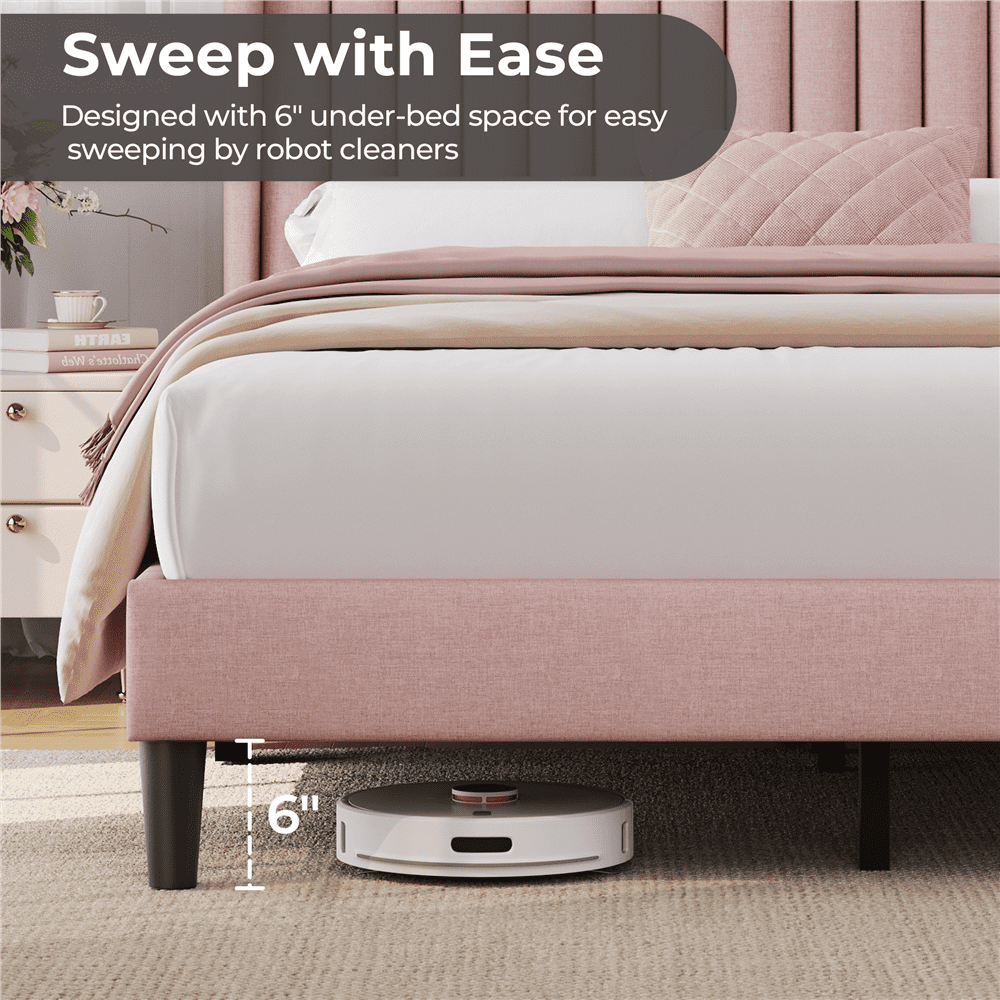 Renwick Upholstered Platform Bed Frame with Channel Tufted Headboard, Queen, Pink