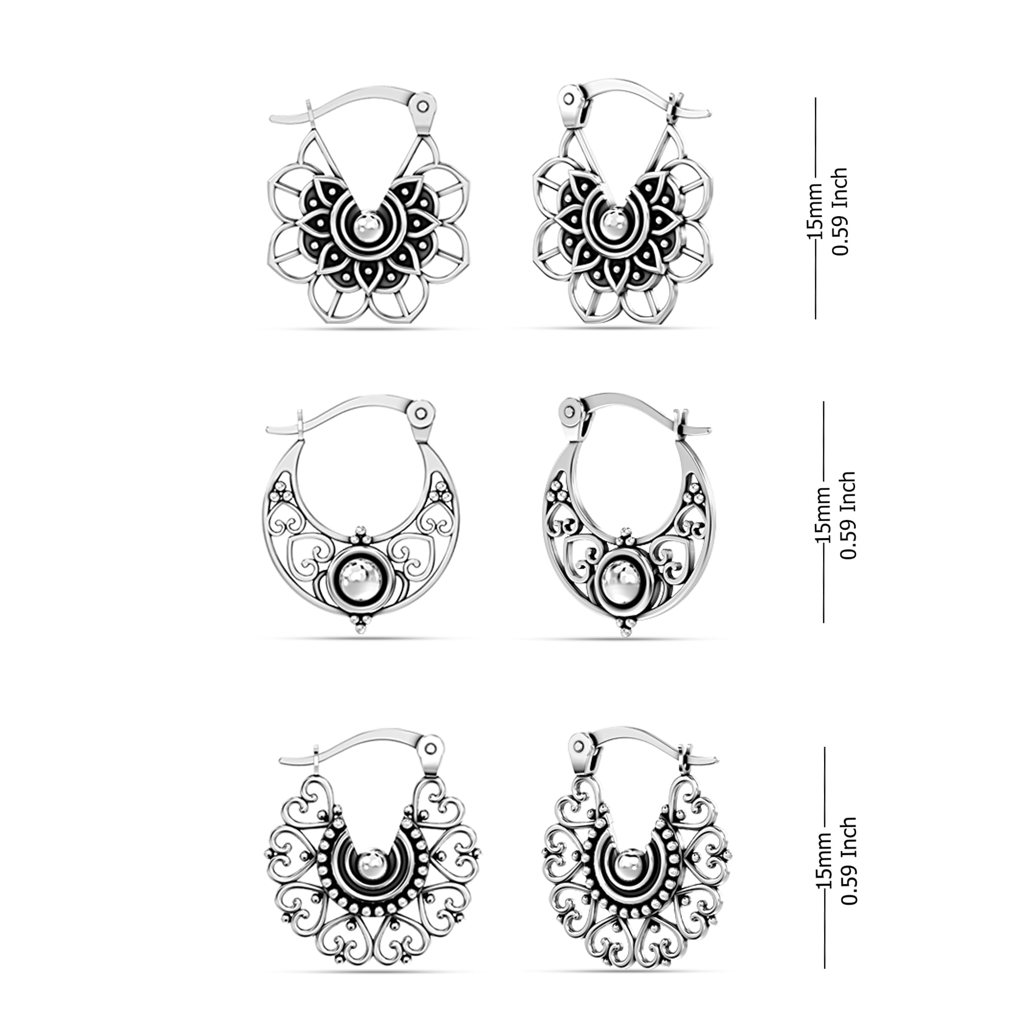 LeCalla 925 Sterling Silver Hypoallergenic SMALL Click-Top Filigree Hoop Earrings Jewelry for Female and Teen Set of 3 Pair (15MM, 15MM, 15MM)