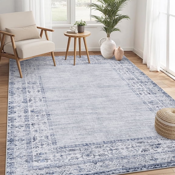 Garvee 5'x7' Vintage Border Area Rug, Non-Slip Washable Rug Traditional Retro Distressed Carpet, Low Pile Foldable Indoor Rug for Living Room Bedroom Dining Room, Blue