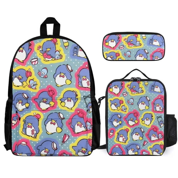 Tuxedo Sam Fun cartoon three-piece backpack set: includes backpack lunch box and pencil case One size
