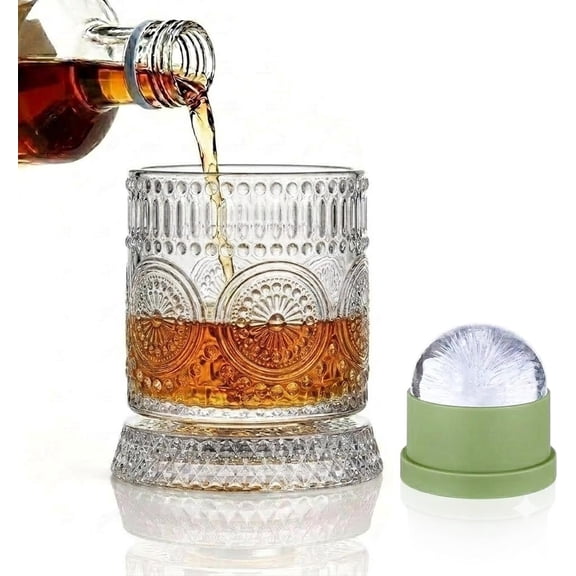 Spinning Glass & Large Ice Ball Mold Set, 360? Rotating Tumbler, Kinetic Glassware for Bar, for Men, Dad (Sunflower )