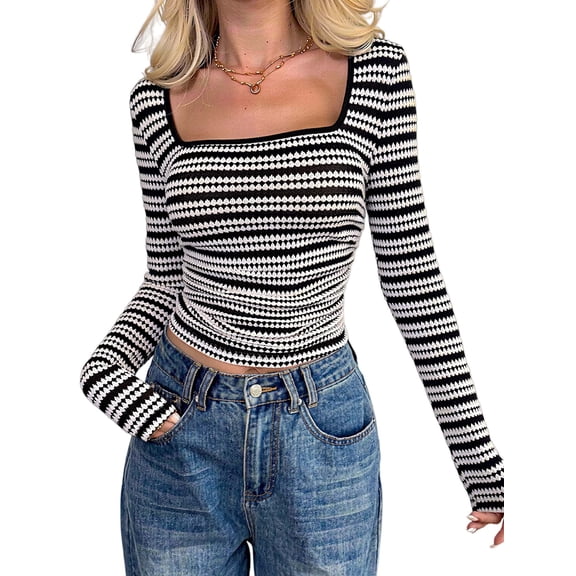 Womens Striped Long Sleeve Shirts Slim Fit Square Neck Tops Spring Light-Weight Knit Pullover Black XL