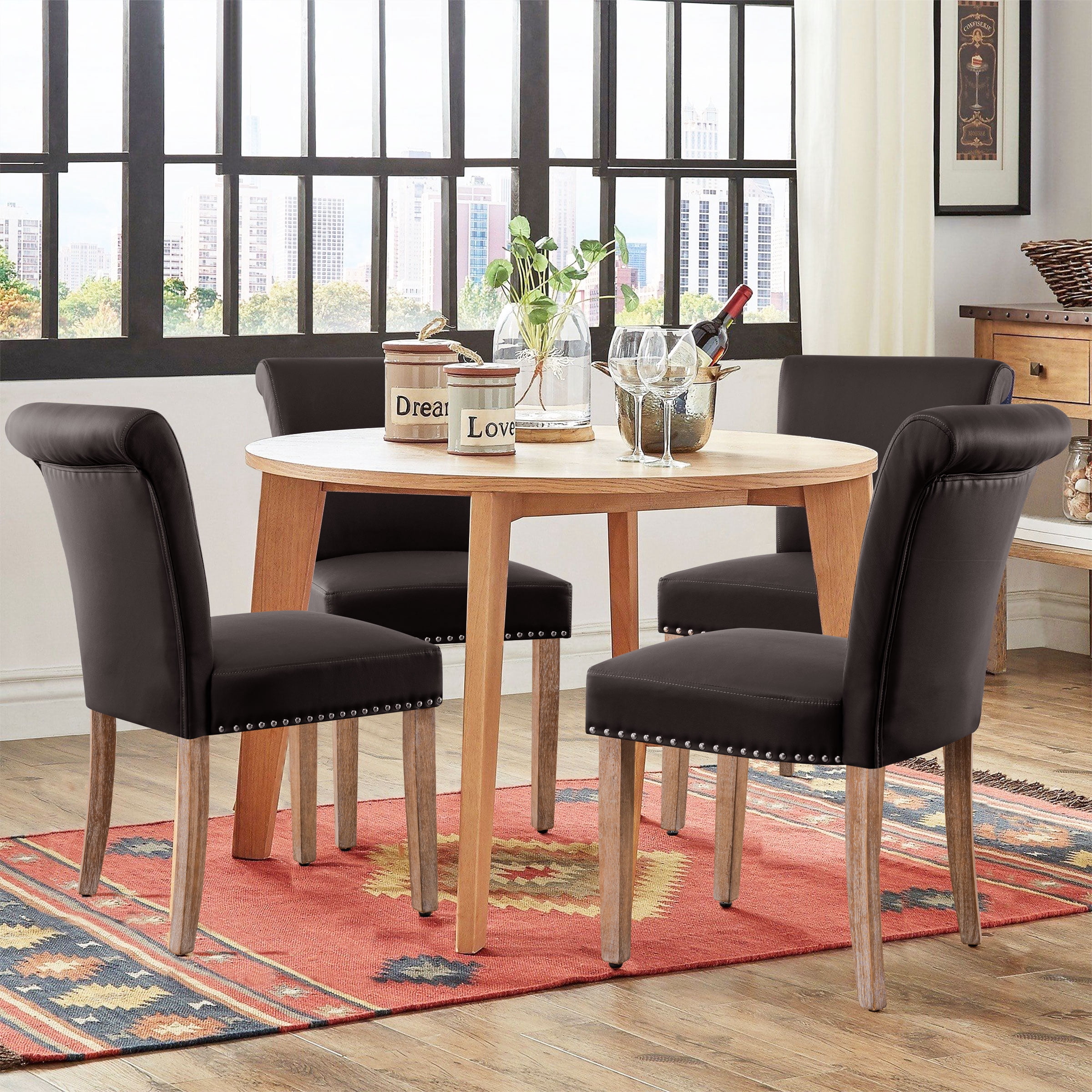 Subrtex Leather Upholstered Dining Chair with Nailheads and Solid Wood Legs, Set of 2, Brown