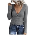 thumbnail image 2 of Raeneomay Long Sleeve Shirts for Women V-Neck Solid Color T-Shirt Front Zipper Top Ribbed Knit Slim Top, 2 of 6