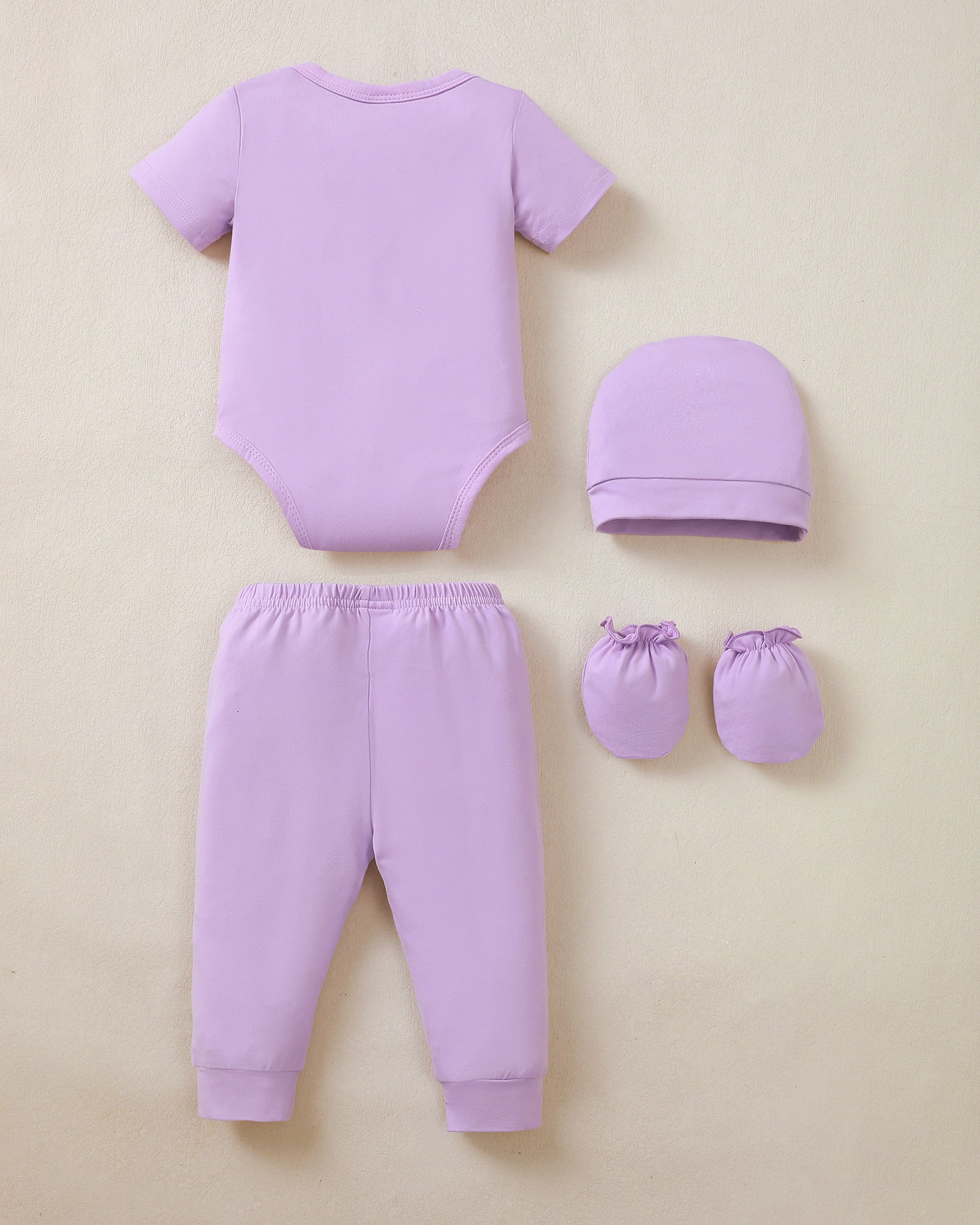 Kimi Bear Newborn Baby Girls Layette Essentials Set 3-6 Months Summer Clothes 4 Packs Short Sleeves Romper Tops Pants Sets with Hats and Gloves 16pcs Girl Gifts Purple