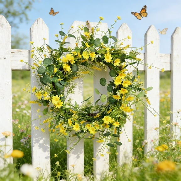 Rijanmt Spring Summer Yellow Daisy Wreath For Front Door,19.69 Inch Fake Silk Buttercup Wreath With Green Eucalyptus Leaves,For Home Window Wall Garden Fence Wedding Farmhouse Indoor Outdoor Decor